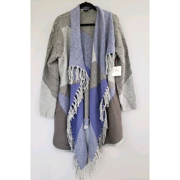 NEW Western Sweater Poncho Cardigan Fringe‎ Blue Gray Raffaella Women's 2X Plus - Picture 1 of 6